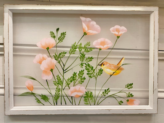 Painted Peach Field Flowers with Bird on Screen 20" x 28" **Store Pickup Only**