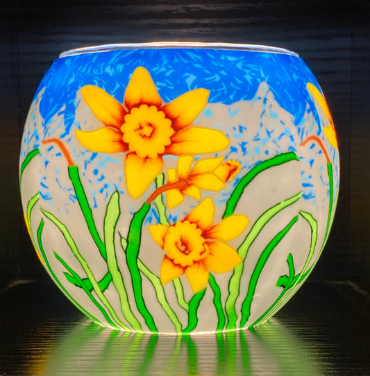 Glass Tea Light Holder - Sunshine Daffodils - Joshua & Company