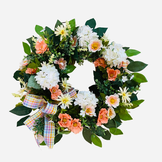 Coral Floral Wreath with Plaid Bow