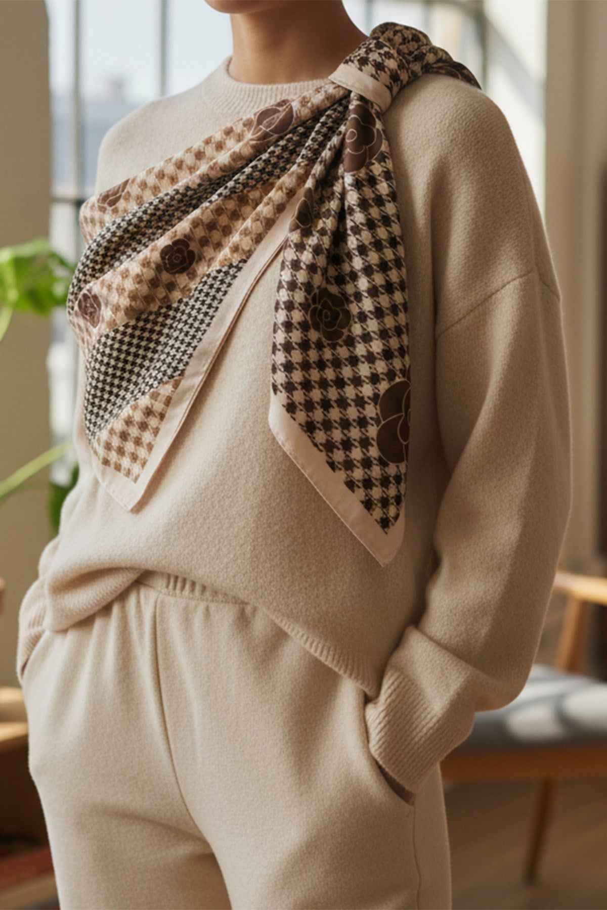 Beige Houndstooth Print Square Scarf