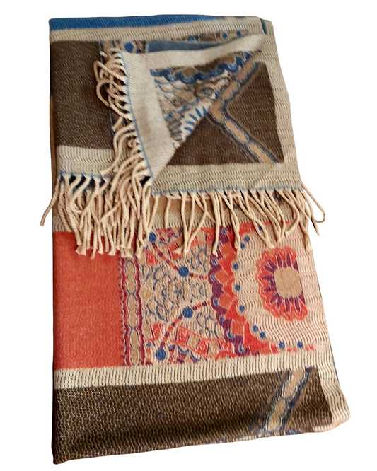 Blanket Scarf - Beige with Brown and Blue