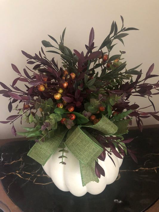 Willow Leaves, Eucalyptus and Berries in White Pumpkin *Pick Up Only
