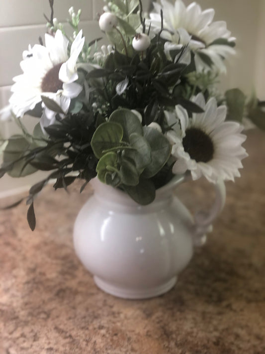 White Sunflower Arrangement in White Jug *Pick Up Only