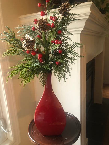 Holiday Arrangement with Greens and Berries in Red Tall Vase*Store Pick Up Only