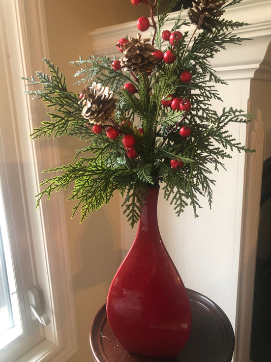 Holiday Arrangement with Greens and Berries in Red Tall Vase*Store Pick Up Only