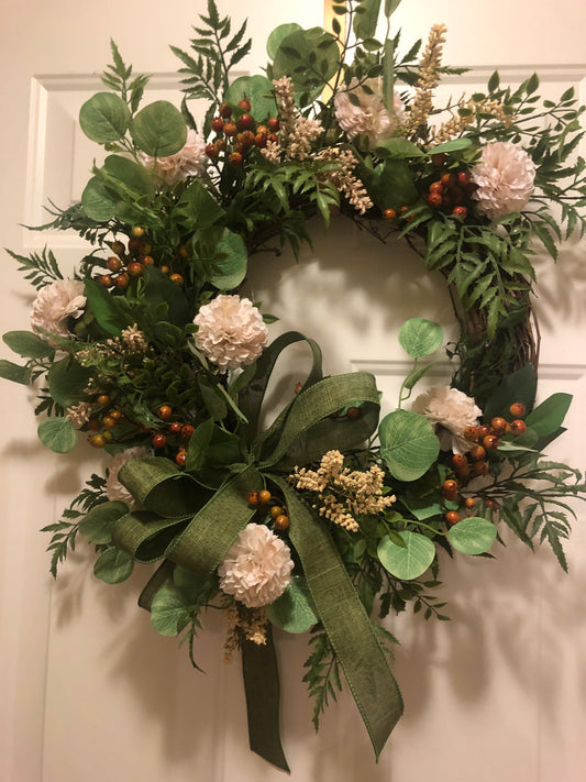 Neutral Wreath with Green Burlap Bow *Store Pick Up Only