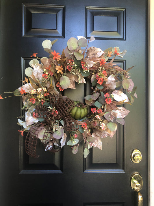Rustic Harvest Wreath with Brown Jute Ribbon and Green Pumpkin *Pick Up Only