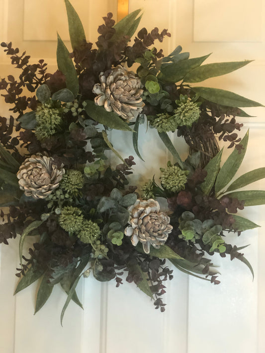 Natural Pods with Sedum and Burgundy Eucalyptus Wreath *Store Pick Up Only
