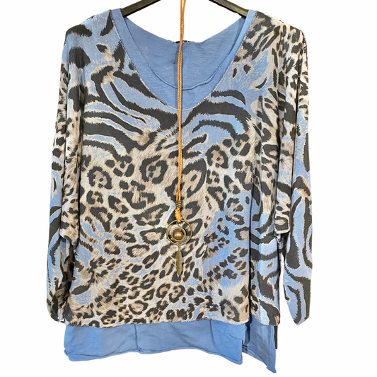 Blue Leopard Print Two Piece Tunic with Necklace