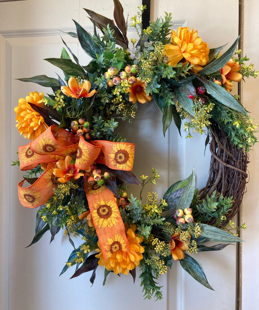 Fall Wreath with Orange Sunflower Ribbon *Pick Up Only