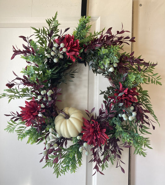 Fall Wreath with Burgundy Flowers *Pick Up Only