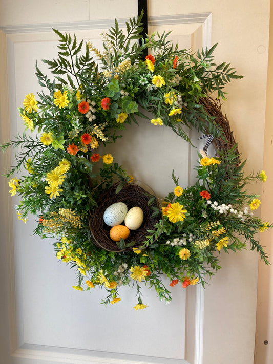 Yellow, Orange and White Floral Wreath with Bird's Nest *Store Pick Up Only - Joshua & Company