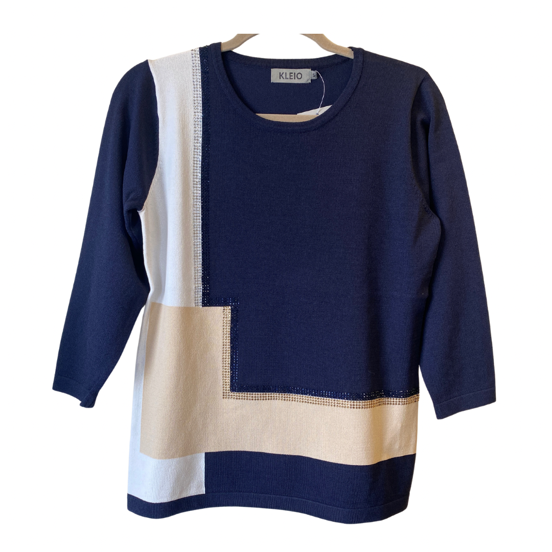Beige and Navy Sweater with Rhinestones