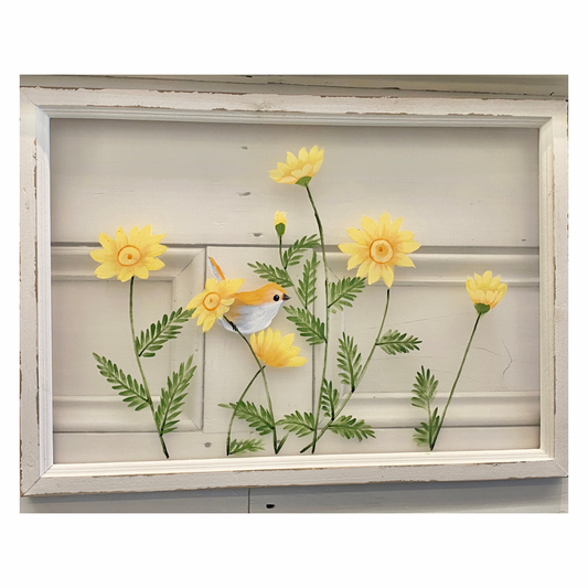 Painted Yellow Field Flowers with Bird on Screen 20" x 28" **Store Pickup Only**
