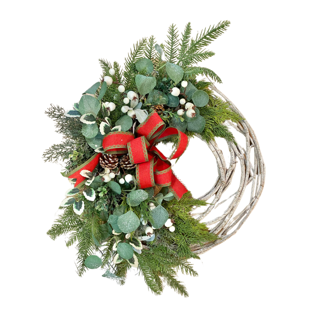Twig Wreath with Mixed Greens and Red Bow