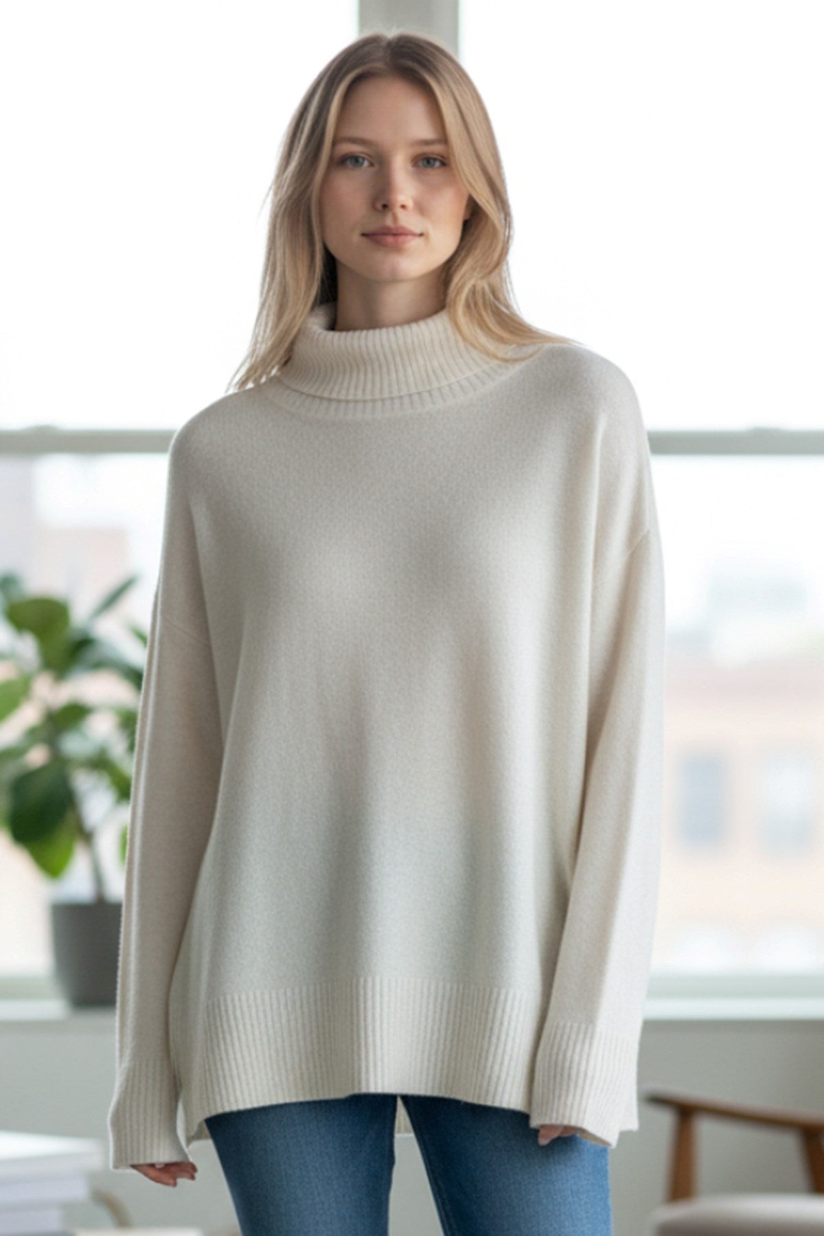 Beige Rib Mock Neck Sweater