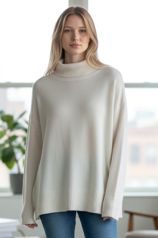 Beige Rib Mock Neck Sweater