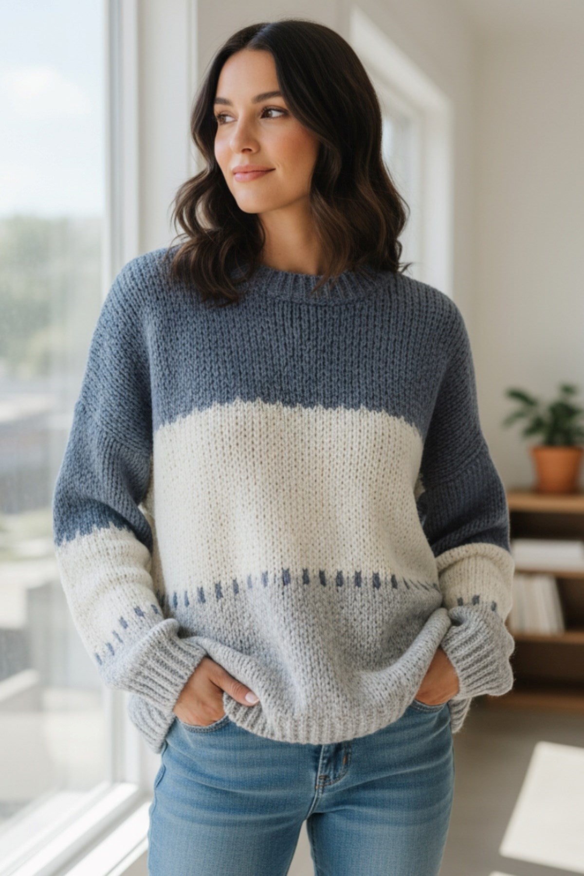 Denim Blue Colour Block Stripe Sweater