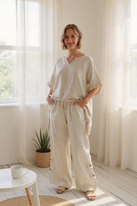 Beige Linen Top with Trim