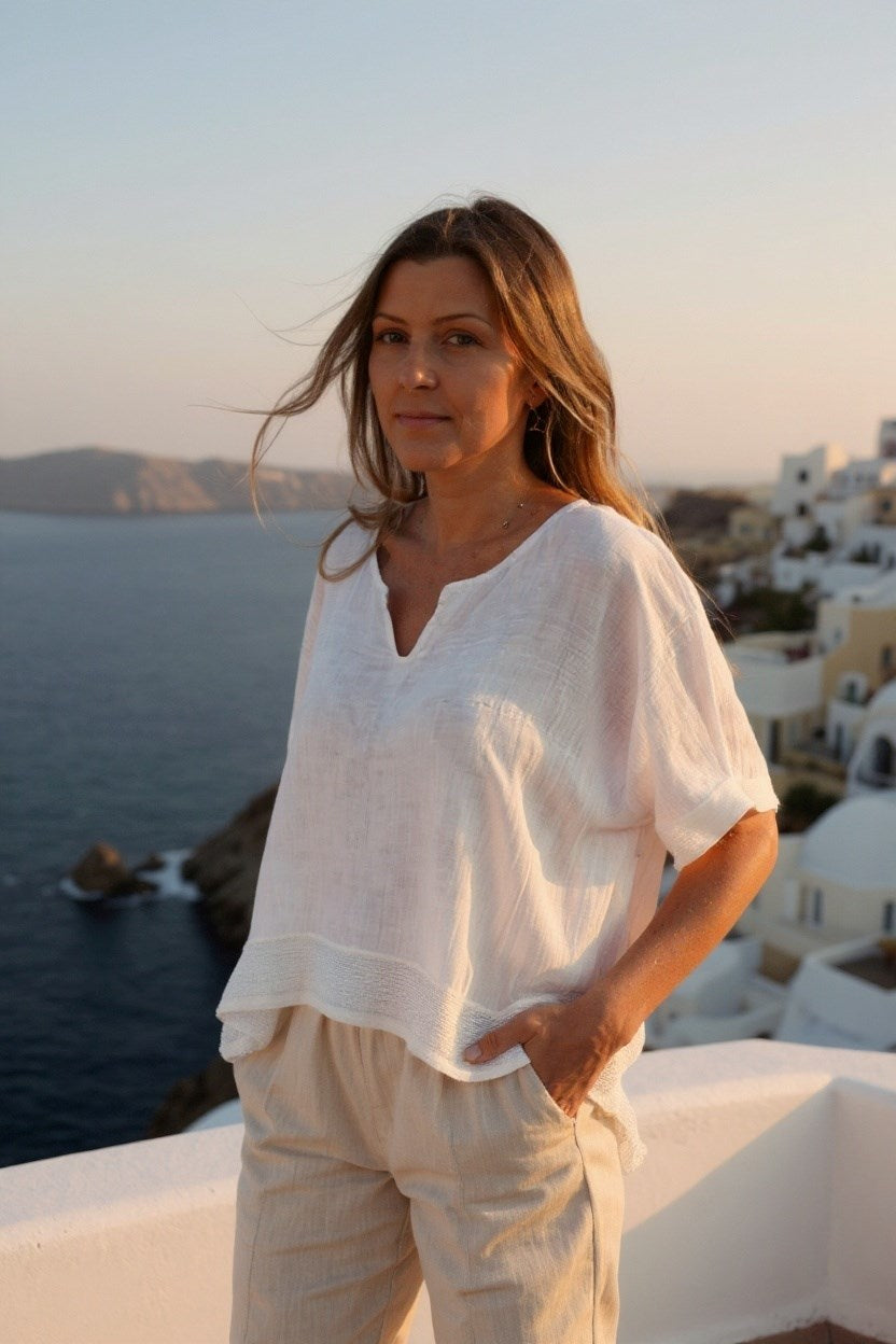 White Linen Top with Trim