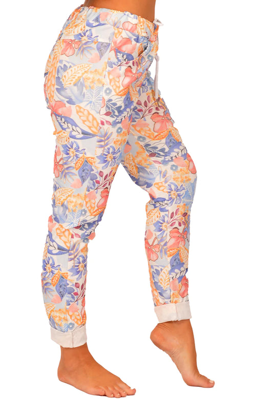 Blue and Tangerine Tropical Print Pants