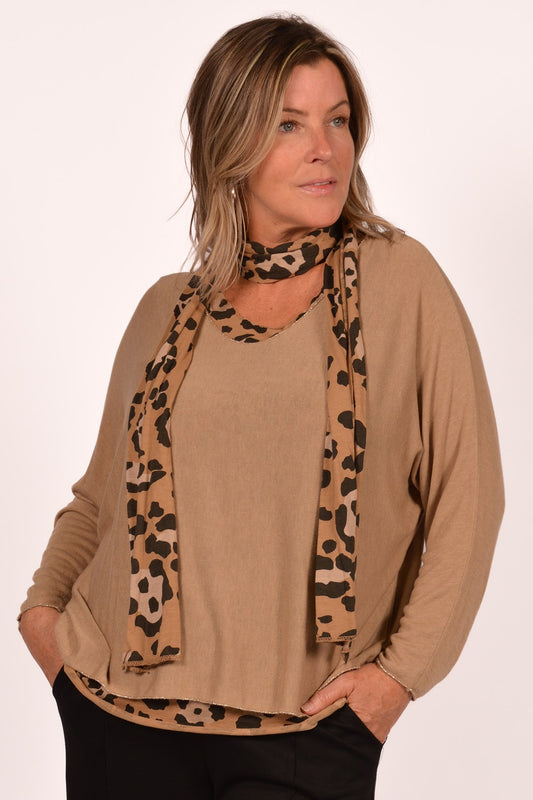 Camel Leopard Print Top with Scarf