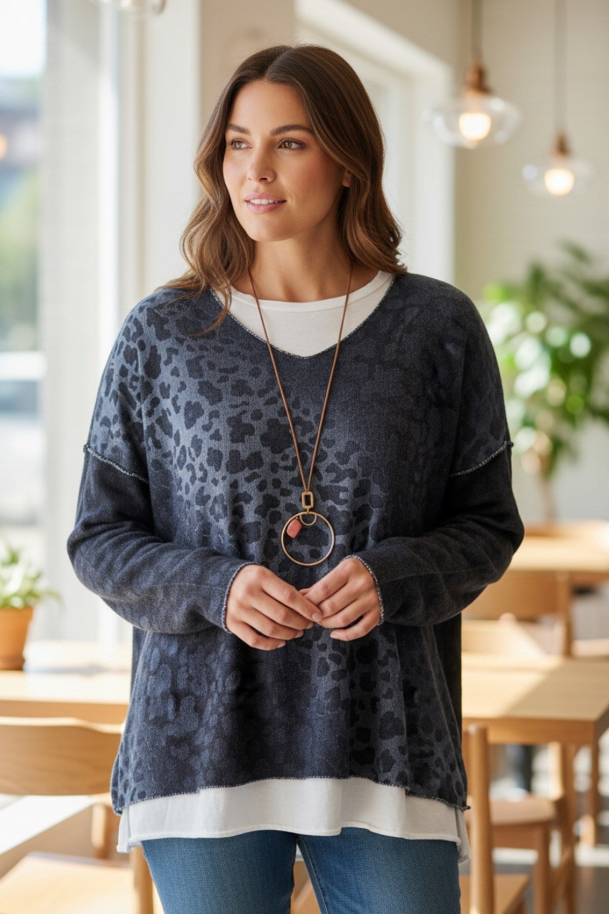 Catherine Lillywhite's Navy Leopard Print Two Piece Top with Necklace