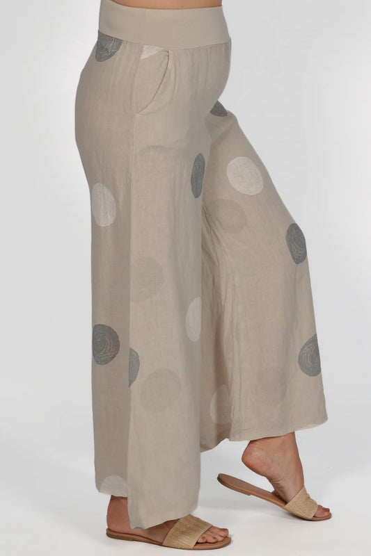 Beige Polka-dot Linen Pant
