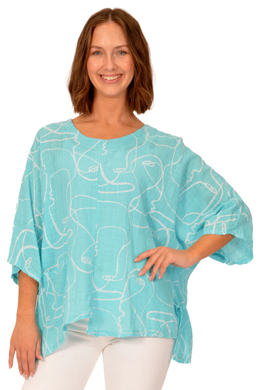 Turquoise Face Abstract Top