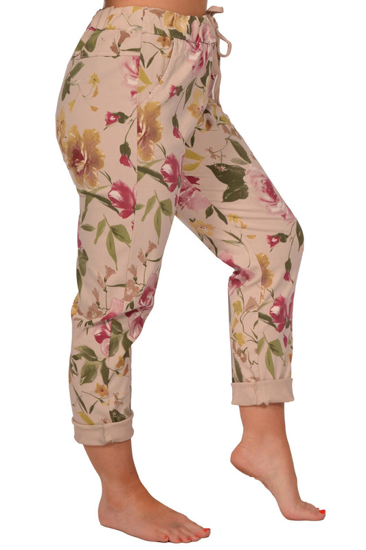 Beige Floral Print Pants