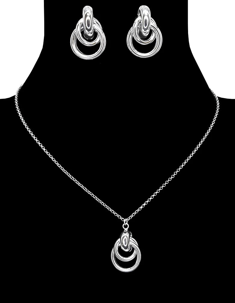 Double Hoop Necklace and Earring Set Silver Colour