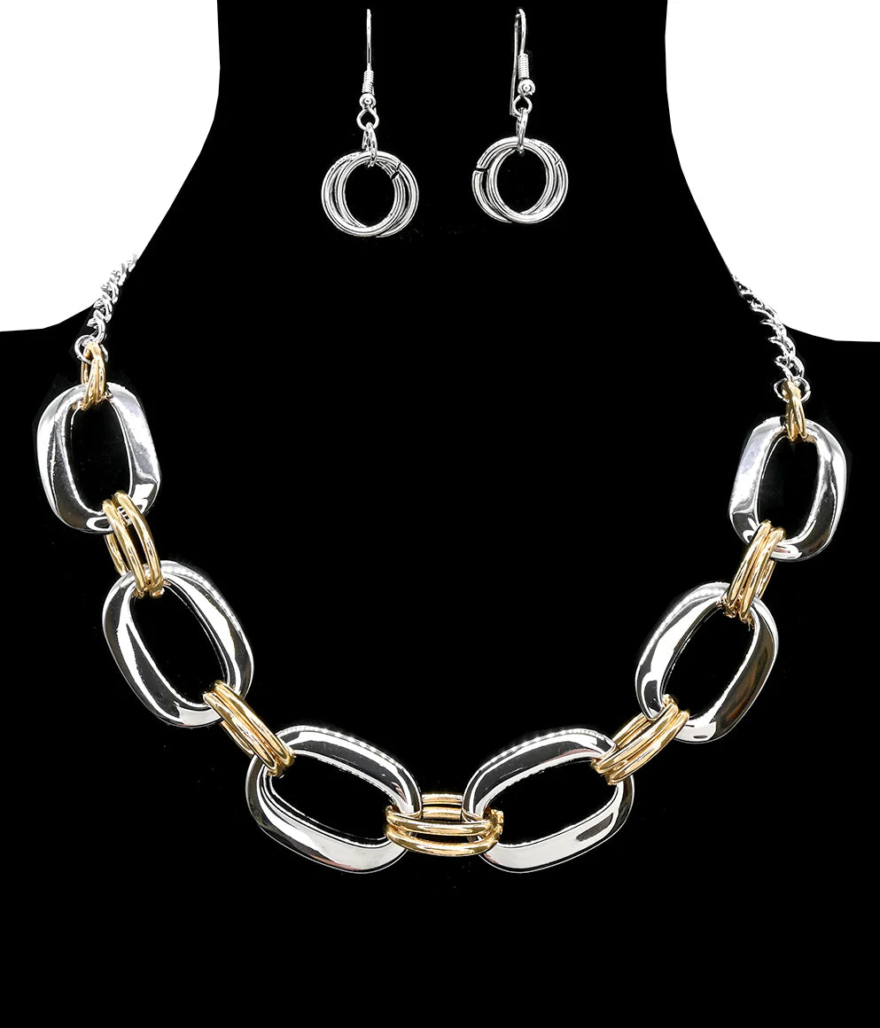 Oval Silver & Gold Chain Necklace and Earring Set