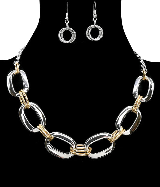 Oval Silver & Gold Chain Necklace and Earring Set