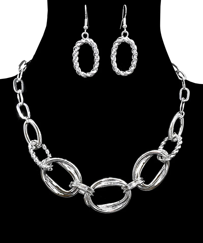 Oval Silver Chain Necklace and Earring Set