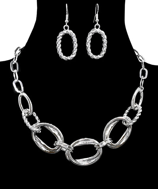 Oval Silver Chain Necklace and Earring Set