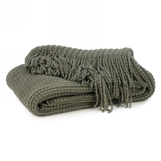Khaki Green Knit Throw with Fringe