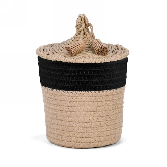 Black and Natural Basket with Lid with Tassels