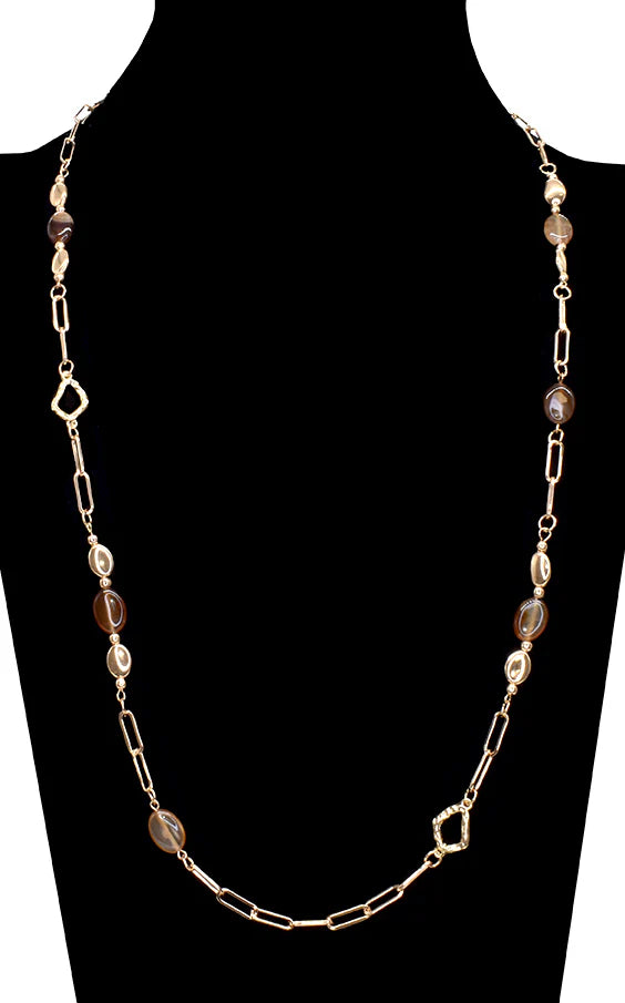 Brown Agate Beaded Long Chain Necklace