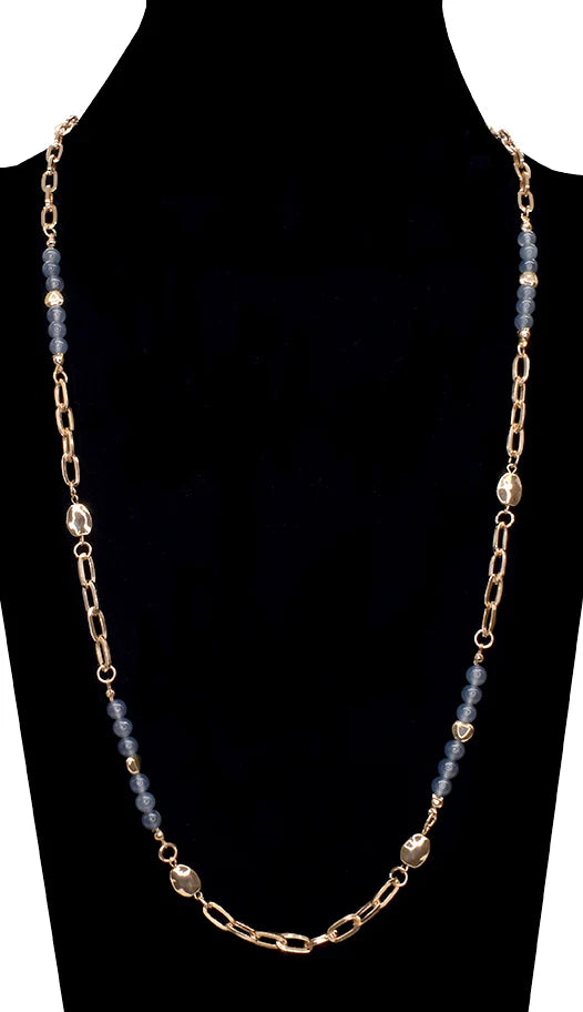 Blue Grey Agate Beaded Long Chain Necklace