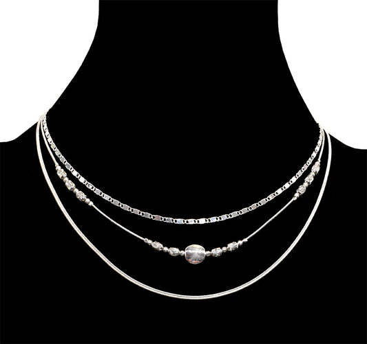 Beaded Three-Strand Silver Necklace