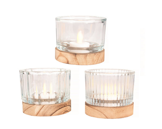 Heavy Glass Candle Holder with Wooden Base (3 Styles)