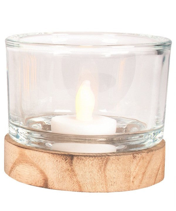 Glass Tealight on Wooden Base 3 Assorted