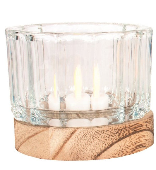 Glass Tealight on Wooden Base 3 Assorted