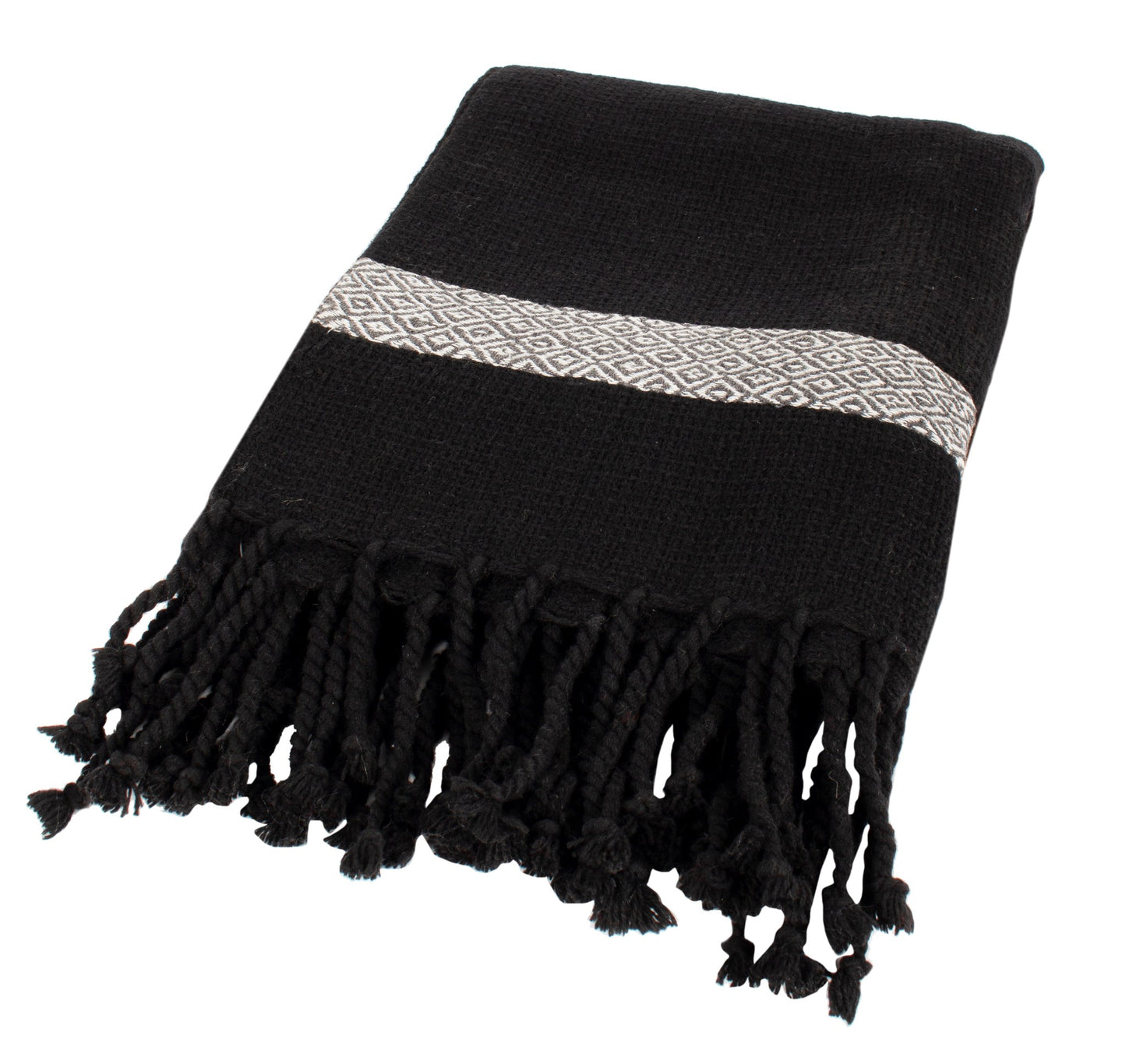 Black Knit Throw with Diamond Pattern Accent