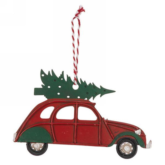 Red Car with Tree Ornament Metal