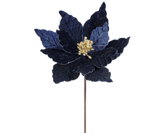 Velvet/Glitter Centre Poinsettia 24″ Stem -Midnight Blue