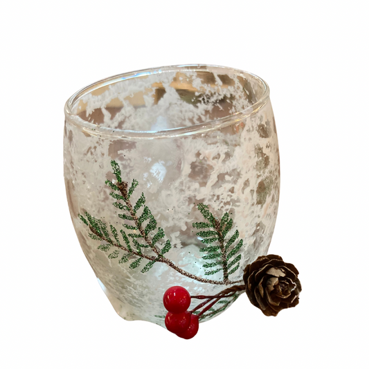 Snowy Tea Light Holder with Berries and Pinecone