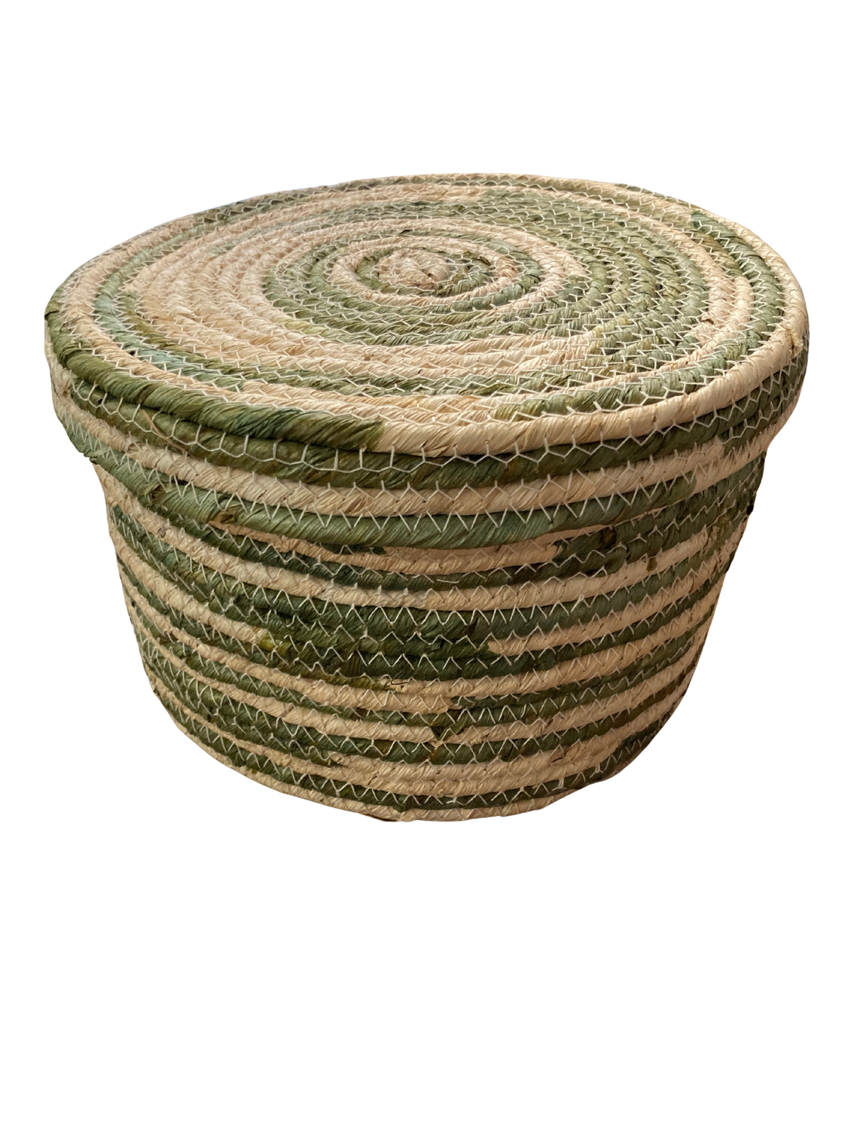 Natural and Green Corn Husk Lidded Basket - Small