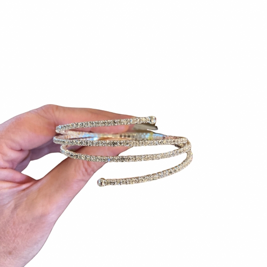 Crystal Rhinestone 3 Row Spiral Cuff Silver