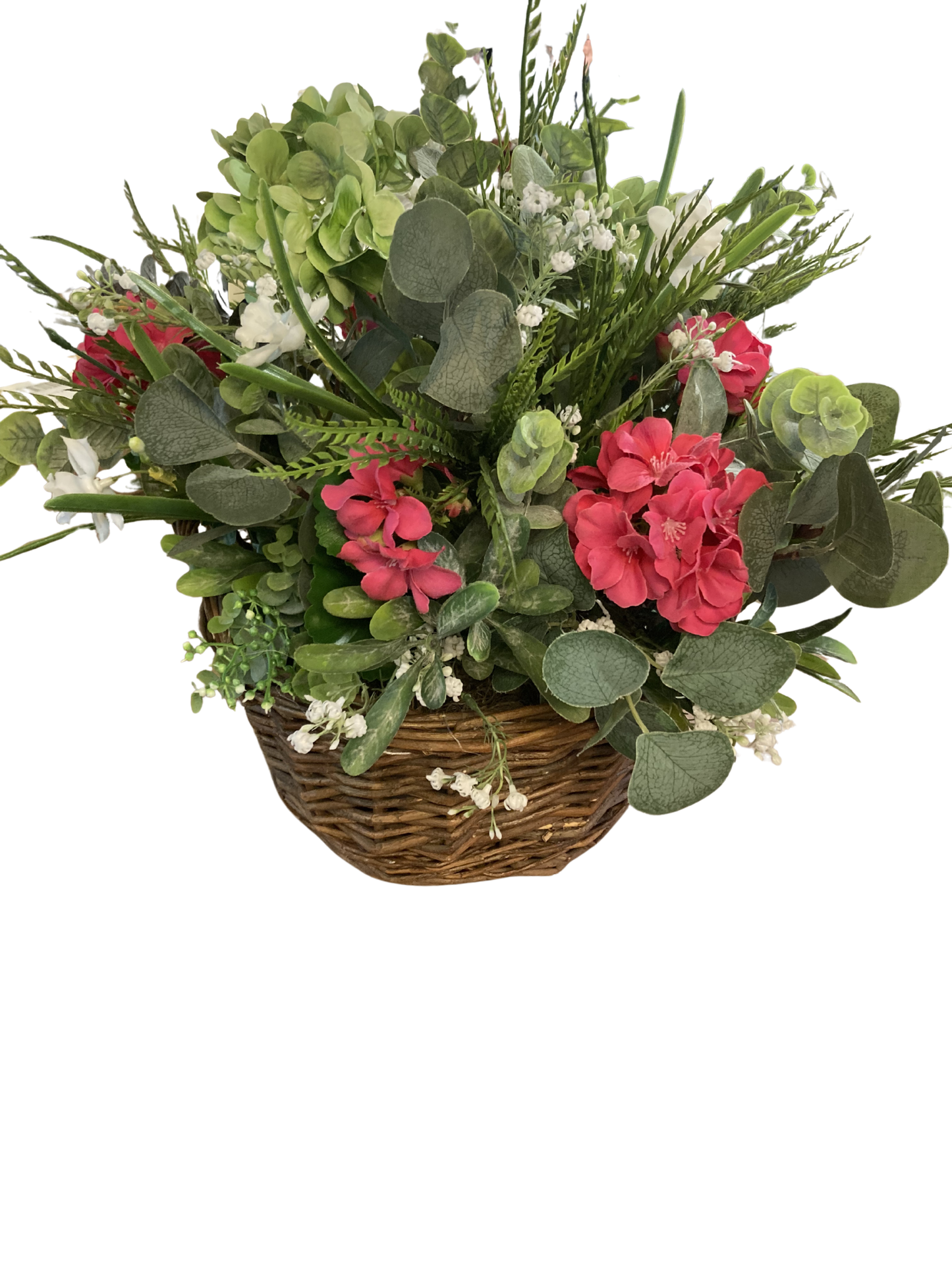 Faux Floral Basket with Geranium and Hydrangea